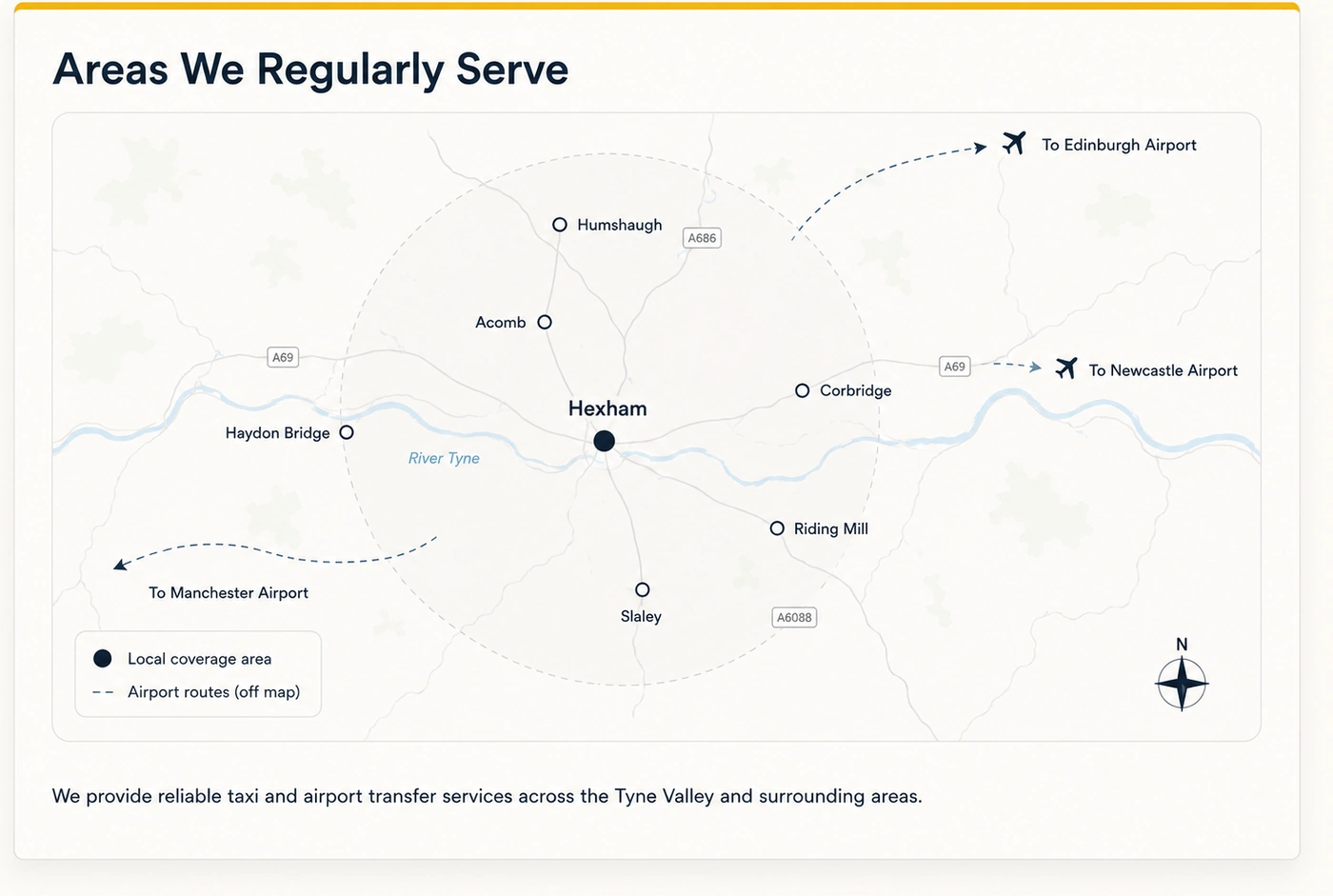 LG Taxis coverage area map showing Hexham, Corbridge, Riding Mill, Humshaugh, Acomb, Haydon Bridge and Slaley